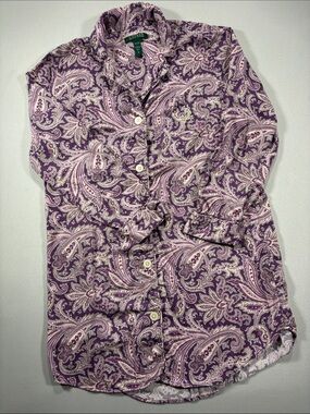 Lauren Ralph Lauren Purple Button Up Long Sleeve Nightgown Sleep Shirt Size M